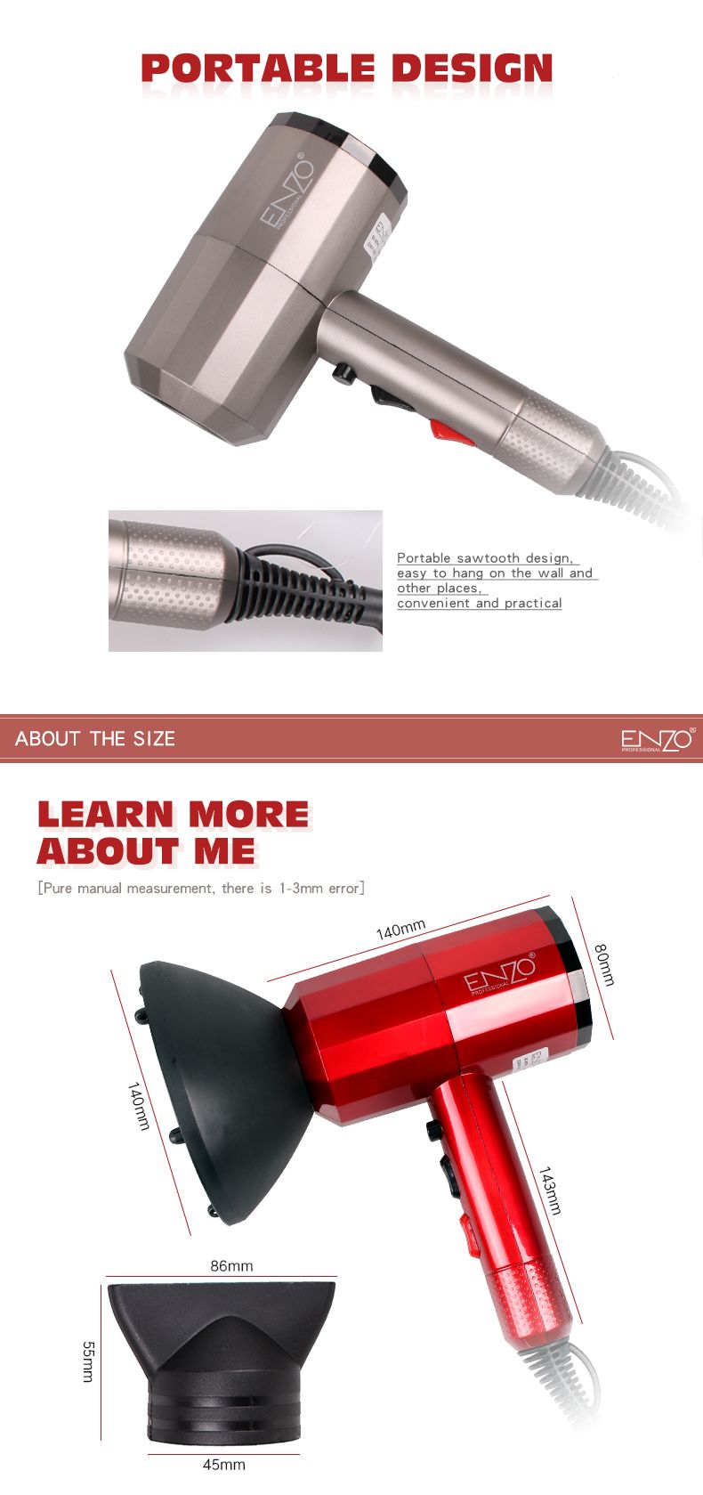 ENZO恩佐家用电器网红爆款冷热风便携式锤子大风罩负离子电吹风筒详情图4
