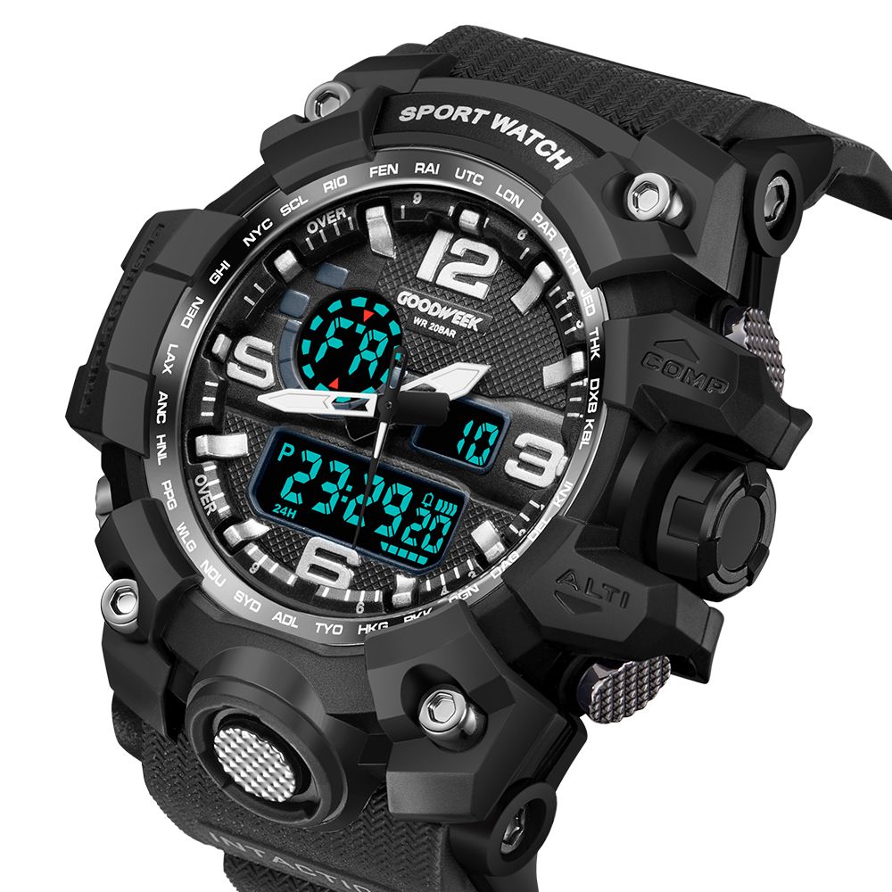 Goodweek Casio Style Men's Sports Watch Waterproof Dual Display Watch Stall Economy undefined