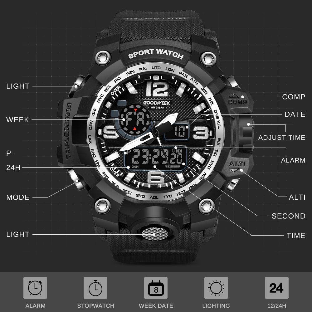 Goodweek Casio Style Men's Sports Watch Waterproof Dual Display Watch Stall Economy undefined