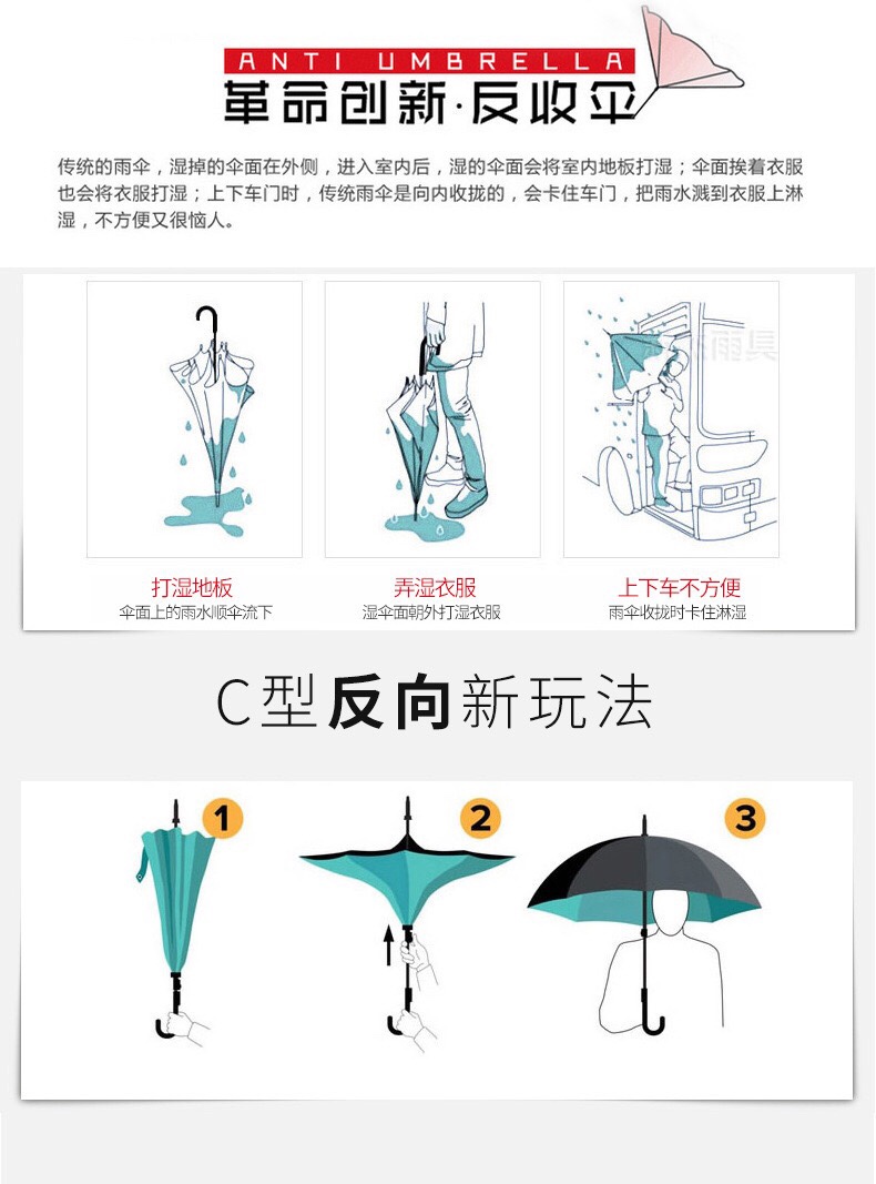厂家直销免持C型双层可站立反向伞 汽车伞广告伞定制LOGO反向伞详情图8