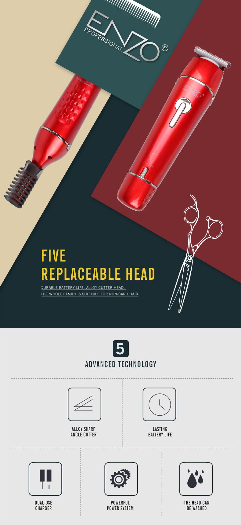 ENZO portable hair and beard shaving Knife 10-in-1, replaceable head electric men's multi-functional hair clipper detail image 1