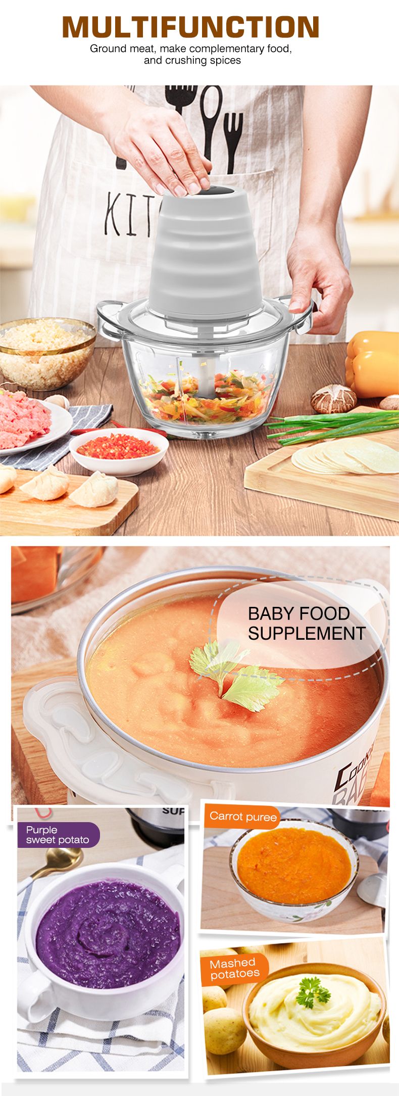 ENZO kitchen Multi-functional dumpling filling meat grinder, electric glass meat grinder, garlic puree cutter, and vegetable processor detail image 2