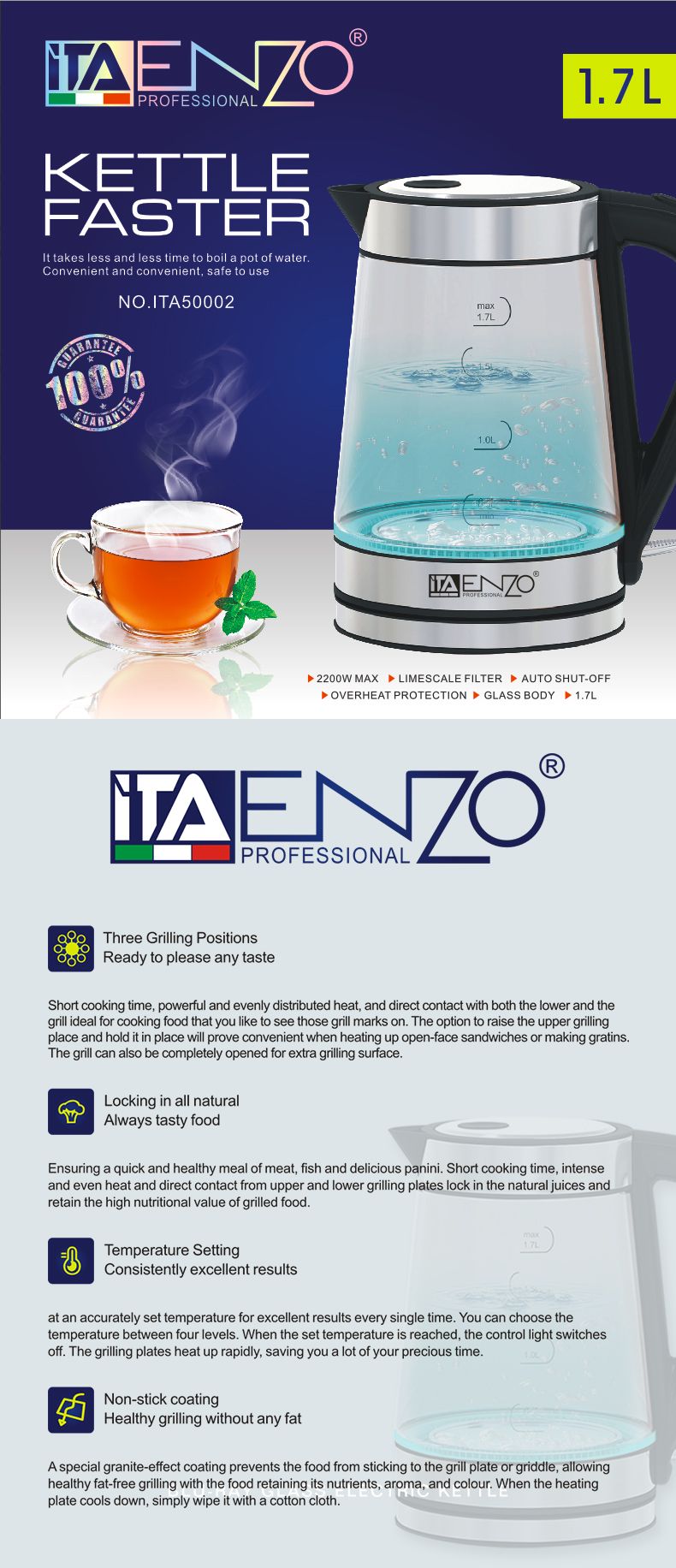 ENZO恩佐高硼硅玻璃电热水壶礼品自动断电1.7L小家电养生开水茶壶详情图1