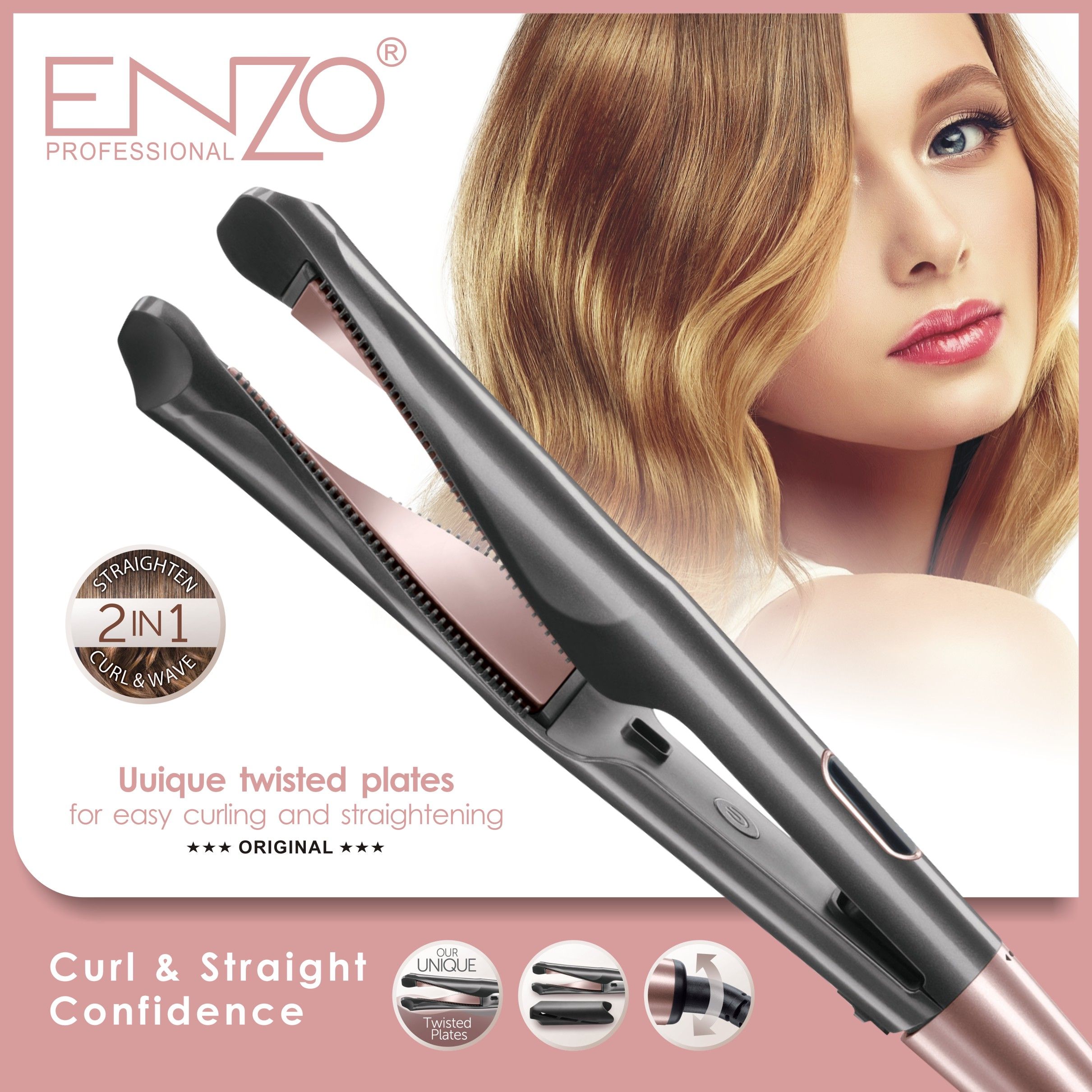 ENZO spiral-shaped rotating bevel curling iron, wavy snail Hair Straightener, electric heating temperature-controlled splint