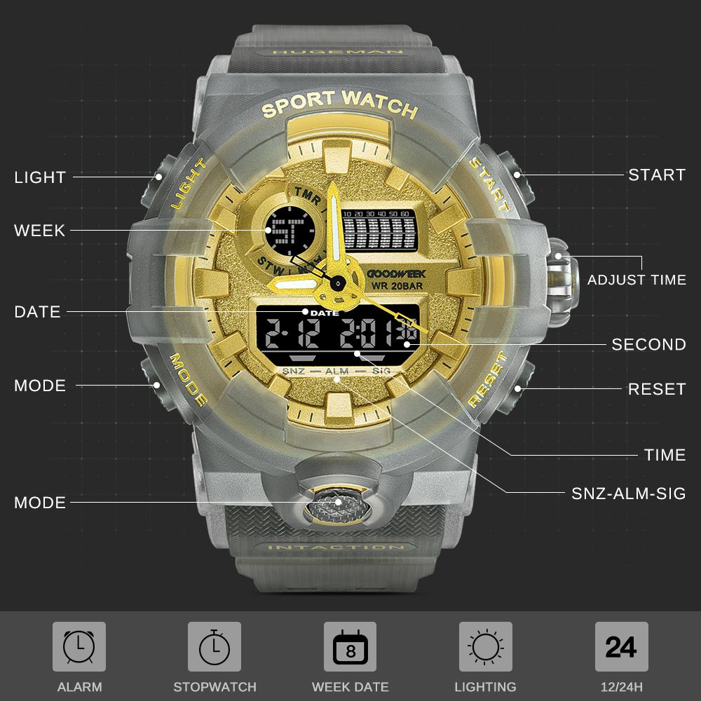Goodweek Transparent Men's Sports Watch Waterproof Digital Quartz Watch Dual Display Watch Specification drawing