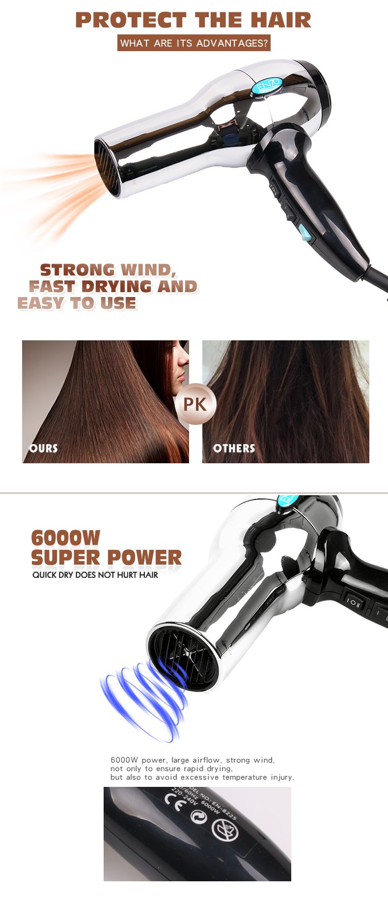 ENZO household high-temperature hot and cold high-power hair dryer with metal stainless steel casing for barber shops and hair salons detail image 2