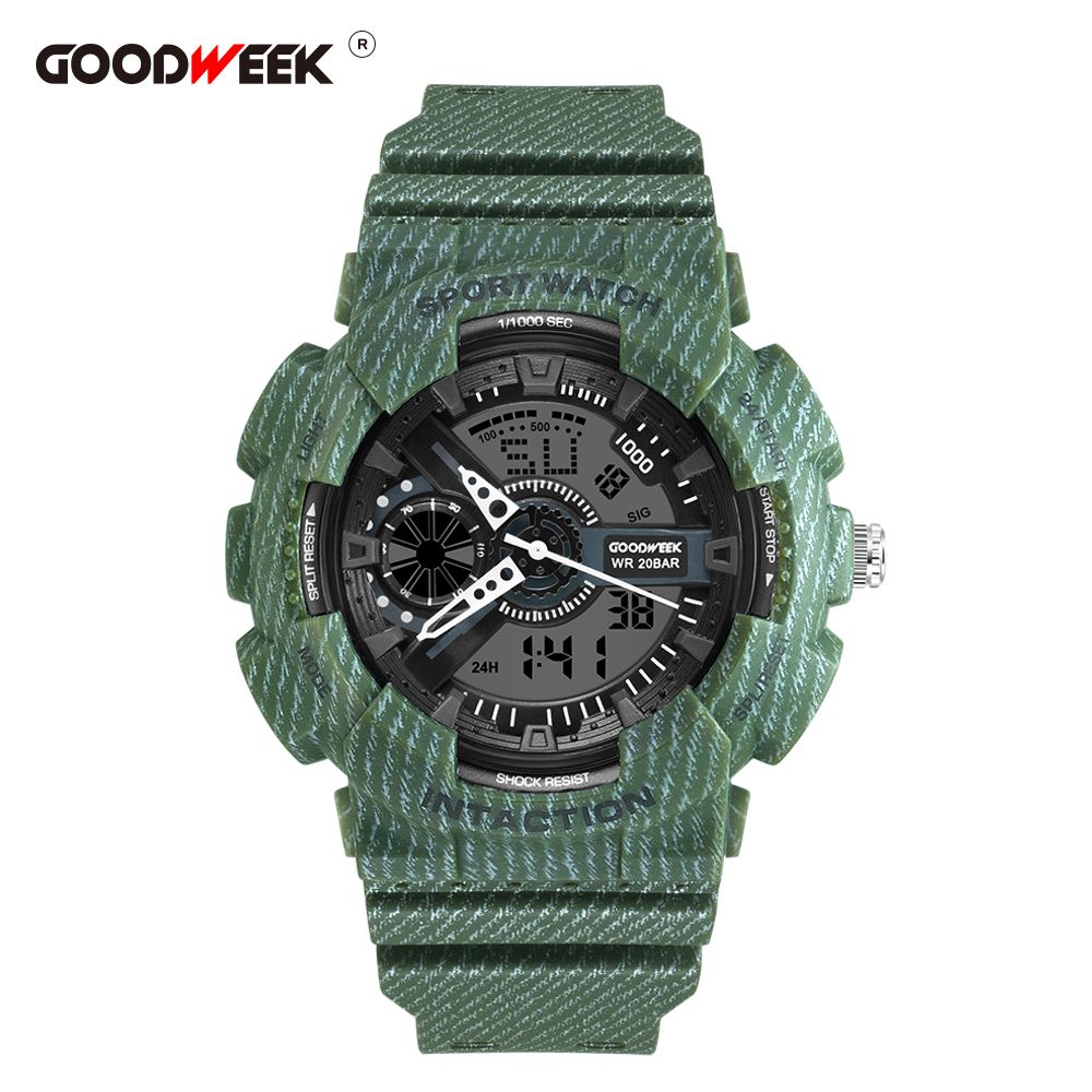 Goodweek New Denim Sports Watch Men's Electronic Waterproof Digital Quartz Watch Dual Display Watch