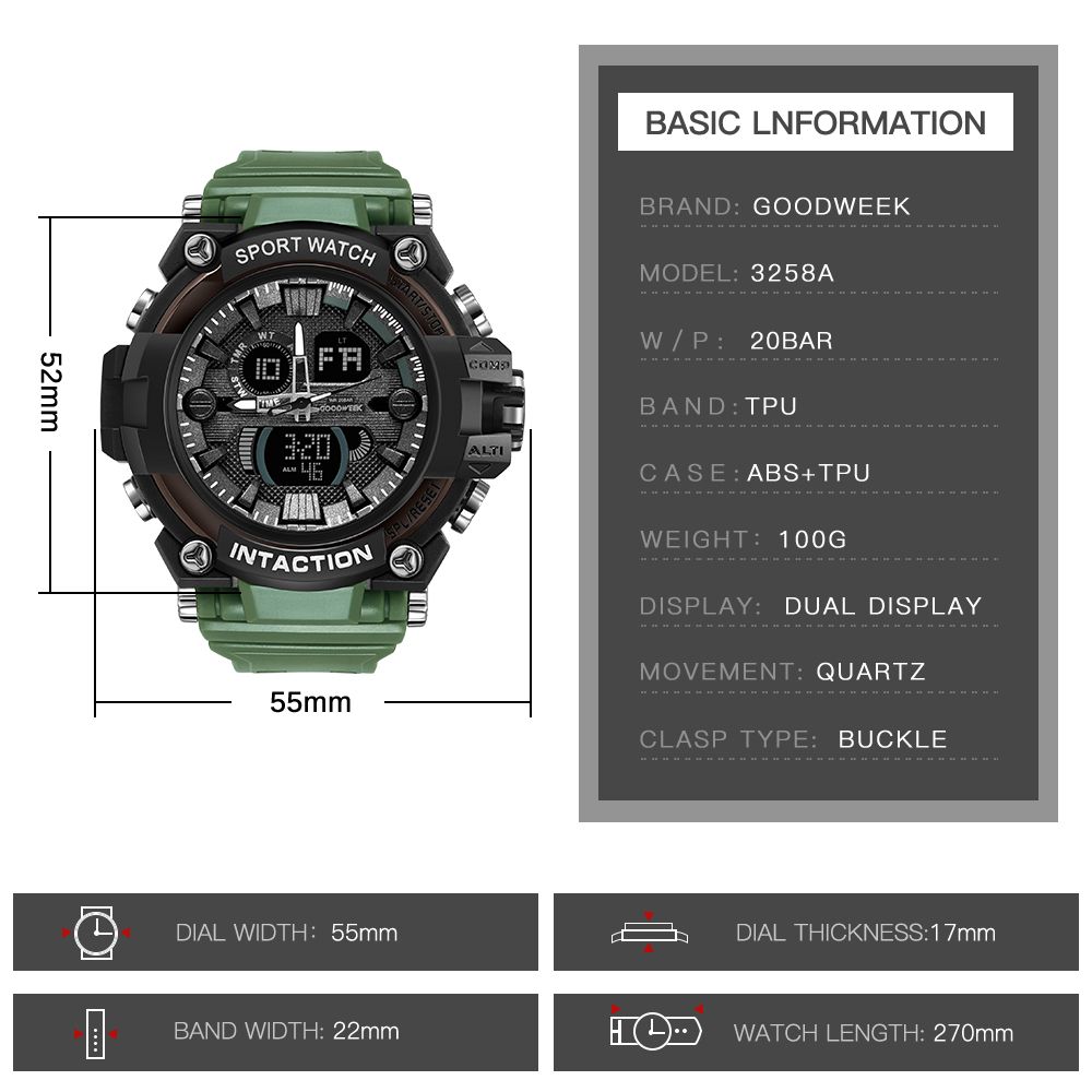 Goodweek Luxury Men's Sport Waterproof Digital Quartz Watch Men's Multi-Function Dual-Display Watch undefined