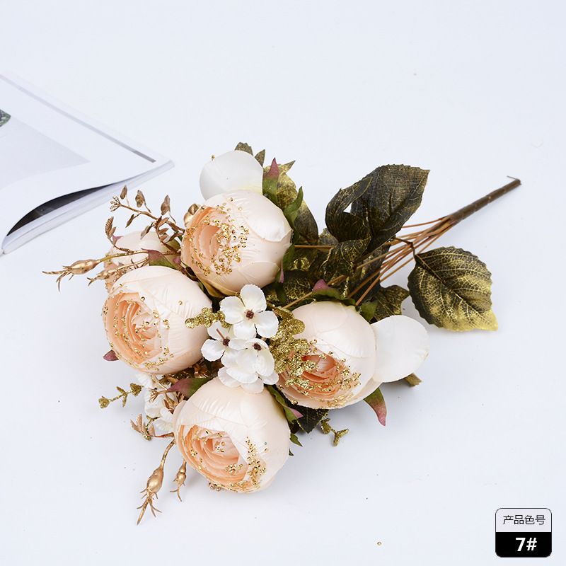 11 Gold Cloth Big Dew Lotus Imitation Flower Foreign Trade High-Grade Flower Bouquet Gold Powder Fake Flower Wedding Hotel Club Display Decoration undefined