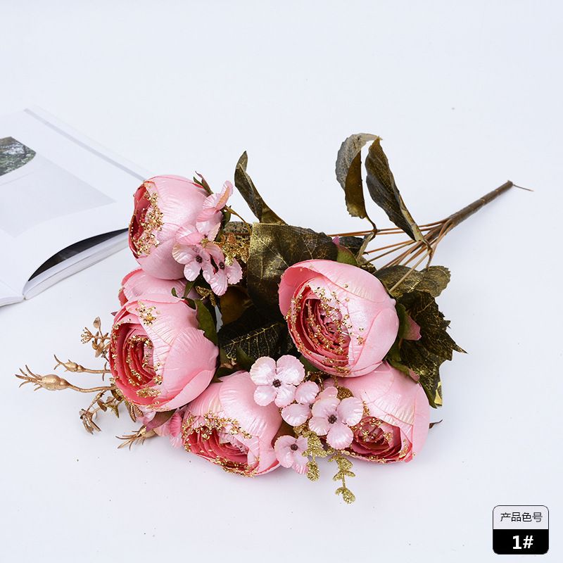 11 Gold Cloth Big Dew Lotus Imitation Flower Foreign Trade High-Grade Flower Bouquet Gold Powder Fake Flower Wedding Hotel Club Display Decoration details Picture