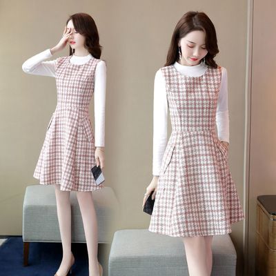 2020新款收腰显瘦小香风连衣裙套装气质时尚T恤衫背心裙两件套女