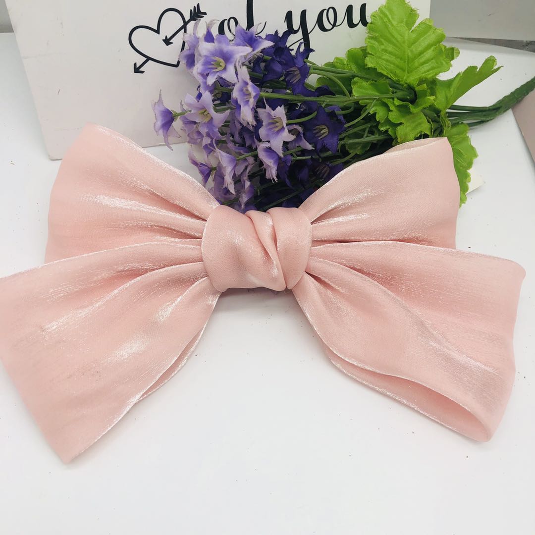 Hot fresh girls all match solid color spring clip pearl headdress summer new super fairy bright silk bow hair clip details Picture