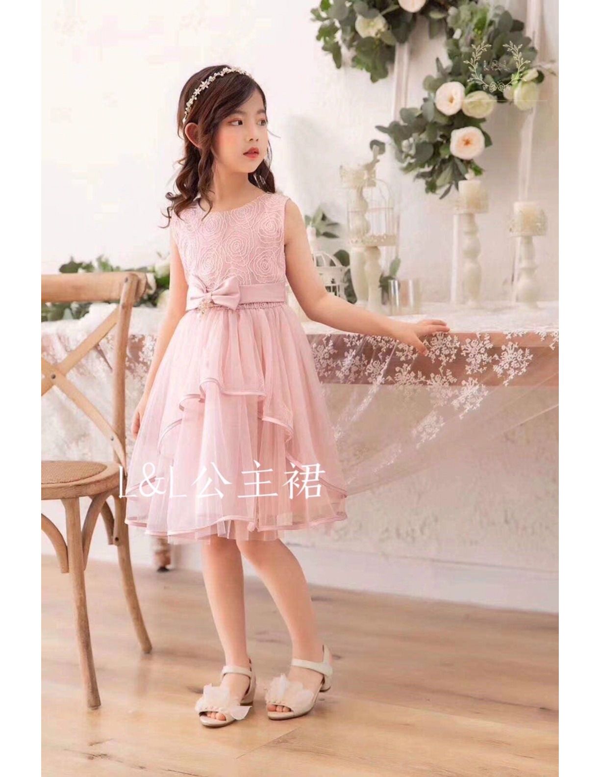 韩版外贸爆款高腰蕾丝公主裙网纱裙儿童礼服 婚礼花童演出服详情图2
