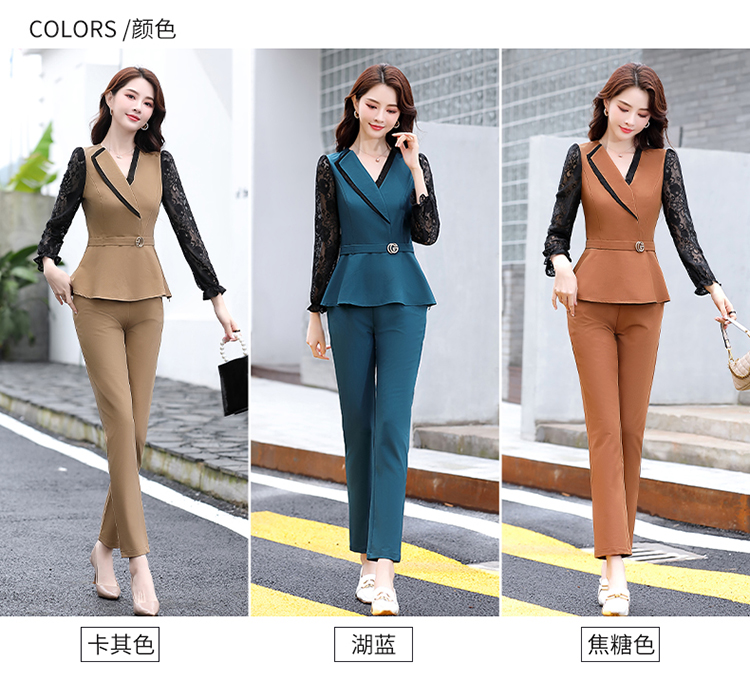 2020新款时尚套装女气质通勤修身显瘦韩版蕾丝拼接上衣裤子两件套详情图6