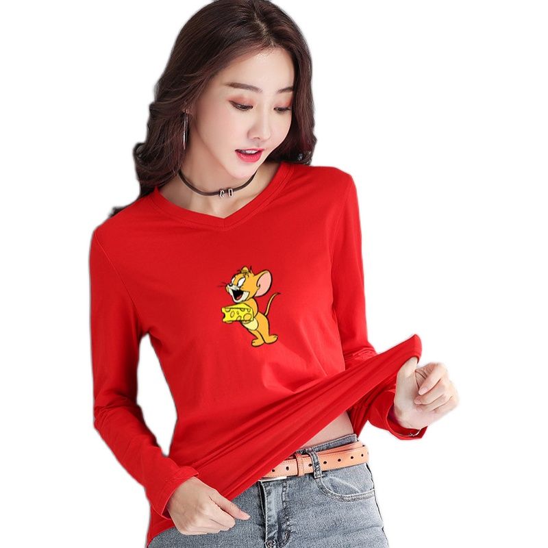 2020新款长袖印花t恤衫女装纯棉短款时尚洋气V领气质打底衫上衣潮