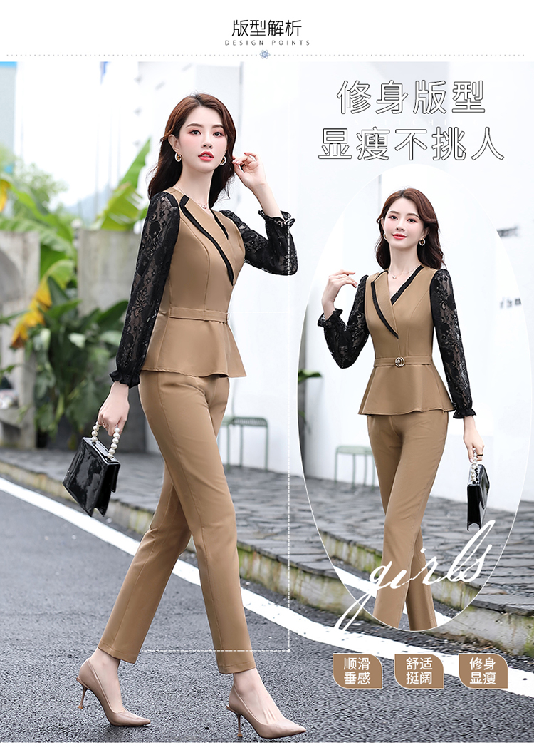 2020新款时尚套装女气质通勤修身显瘦韩版蕾丝拼接上衣裤子两件套详情图2