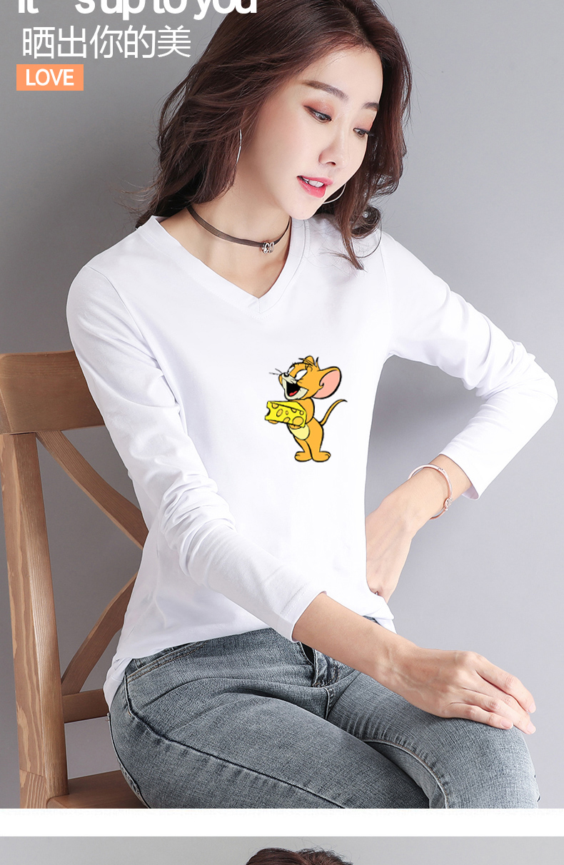 2020新款长袖印花t恤衫女装纯棉短款时尚洋气V领气质打底衫上衣潮详情图3
