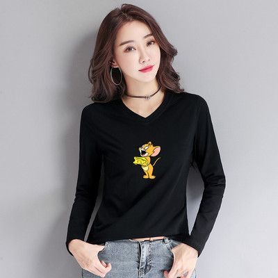 2020新款长袖印花t恤衫女装纯棉短款时尚洋气V领气质打底衫上衣潮详情图6