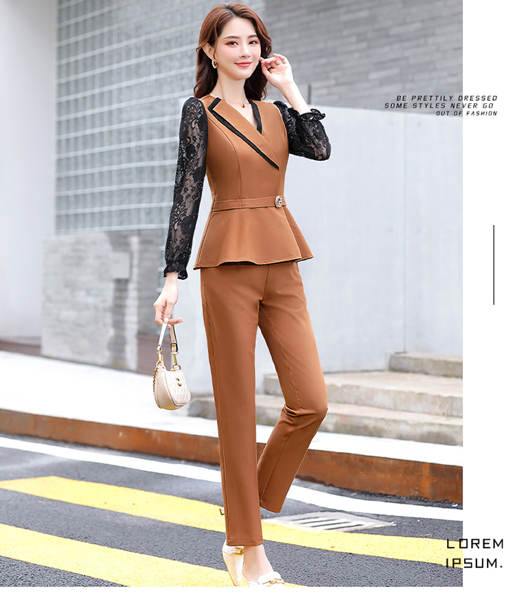 2020新款时尚套装女气质通勤修身显瘦韩版蕾丝拼接上衣裤子两件套详情图12