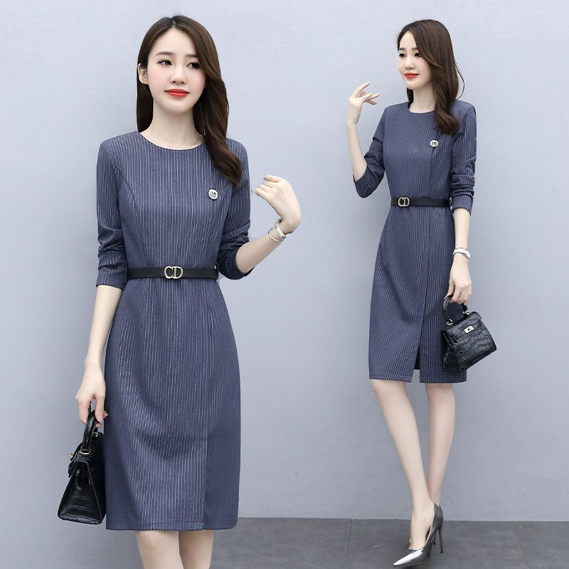 长袖条纹连衣裙女装2020新款OL通勤条纹一步裙女神范开叉包臀裙潮