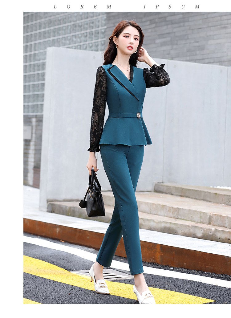 2020新款时尚套装女气质通勤修身显瘦韩版蕾丝拼接上衣裤子两件套详情图18