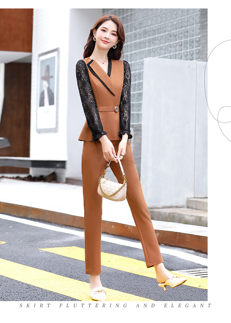 2020新款时尚套装女气质通勤修身显瘦韩版蕾丝拼接上衣裤子两件套详情图11