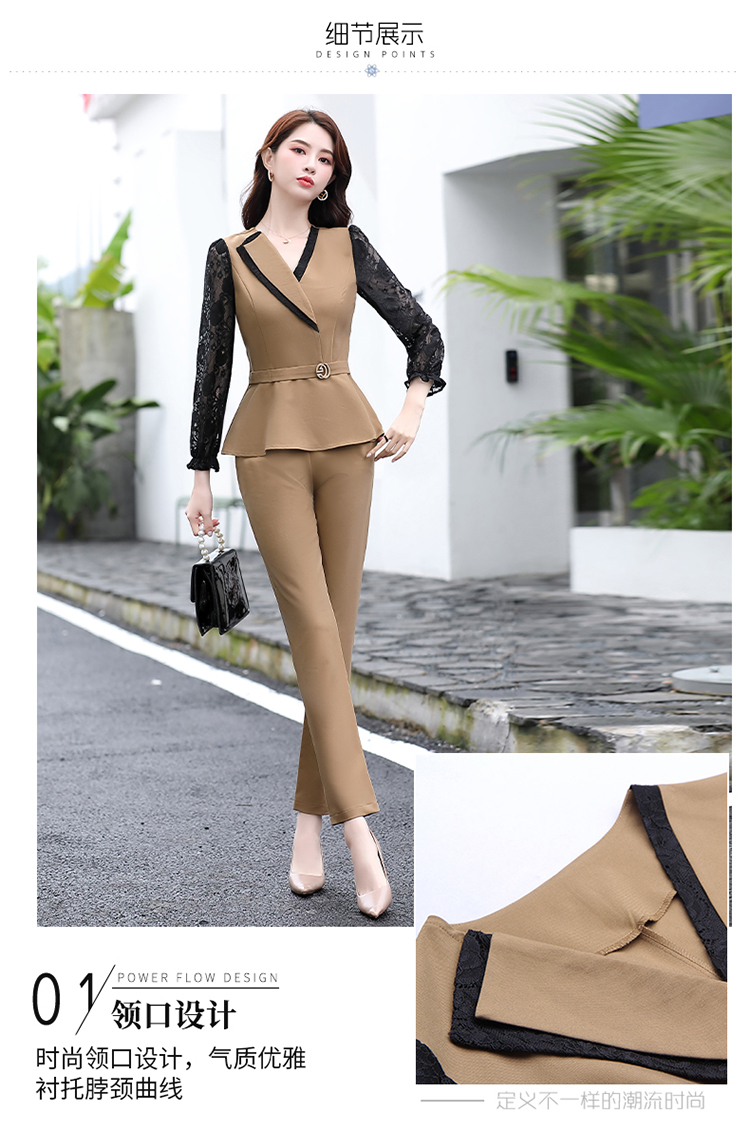 2020新款时尚套装女气质通勤修身显瘦韩版蕾丝拼接上衣裤子两件套详情图5