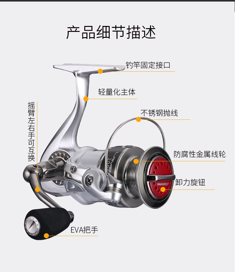 Haibo Fishing Gear Lanbo series all-metal fishing line, rewheel, rock fishing, lure fishing rewheel, sea rod, throw rod, long-range throw, spinning wheel detail image 9