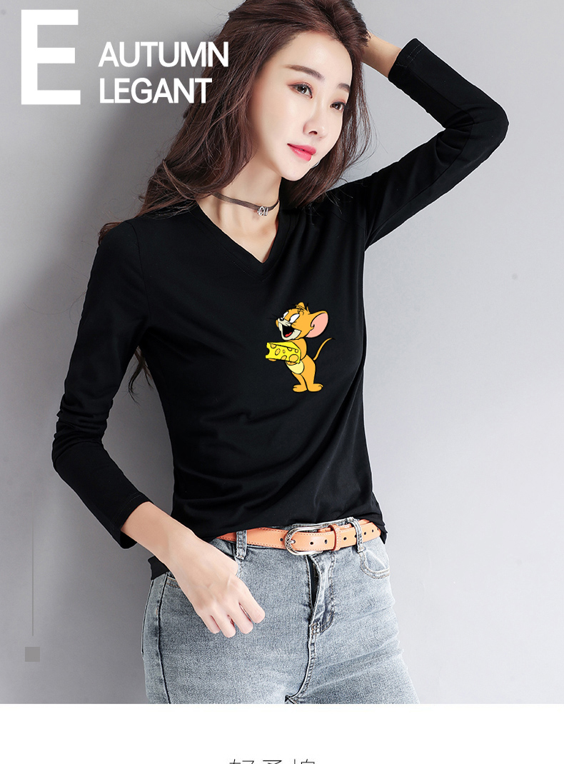 2020新款长袖印花t恤衫女装纯棉短款时尚洋气V领气质打底衫上衣潮详情图1