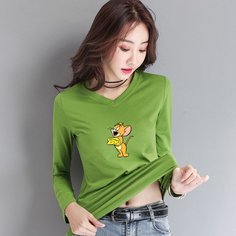2020新款长袖印花t恤衫女装纯棉短款时尚洋气V领气质打底衫上衣潮产品图