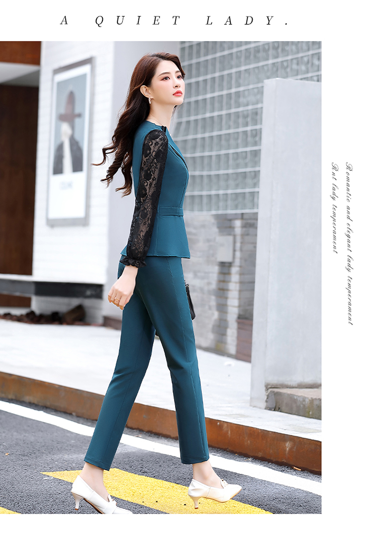 2020新款时尚套装女气质通勤修身显瘦韩版蕾丝拼接上衣裤子两件套详情图19