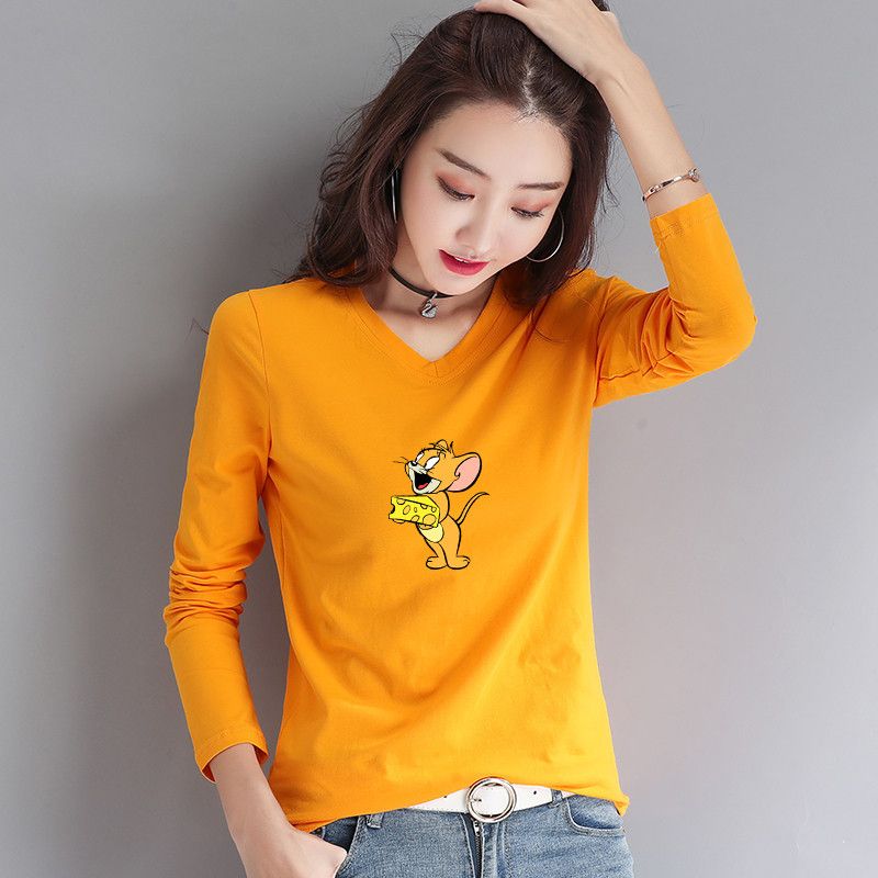 2020新款长袖印花t恤衫女装纯棉短款时尚洋气V领气质打底衫上衣潮细节图