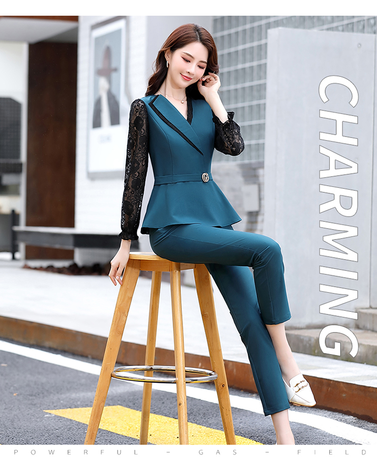 2020新款时尚套装女气质通勤修身显瘦韩版蕾丝拼接上衣裤子两件套详情图20