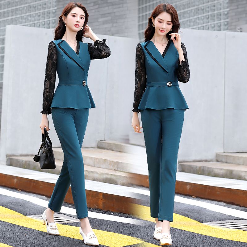 2020新款时尚套装女气质通勤修身显瘦韩版蕾丝拼接上衣裤子两件套