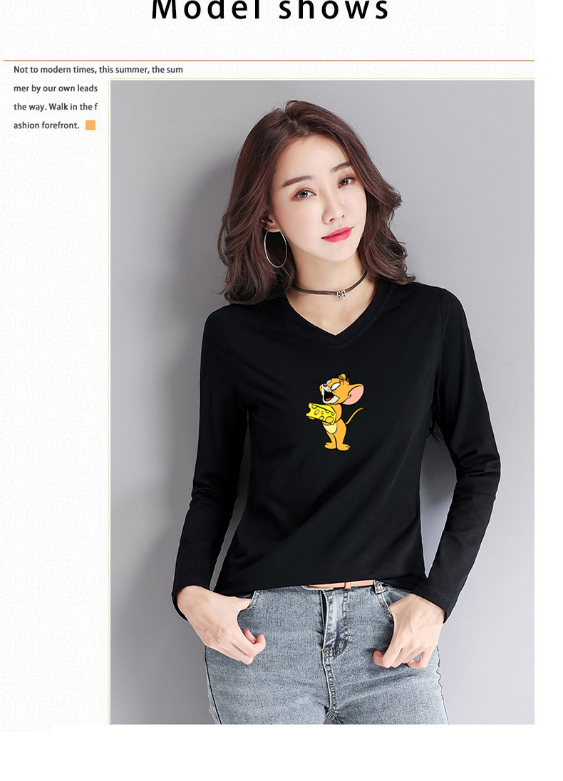 2020新款长袖印花t恤衫女装纯棉短款时尚洋气V领气质打底衫上衣潮详情图2