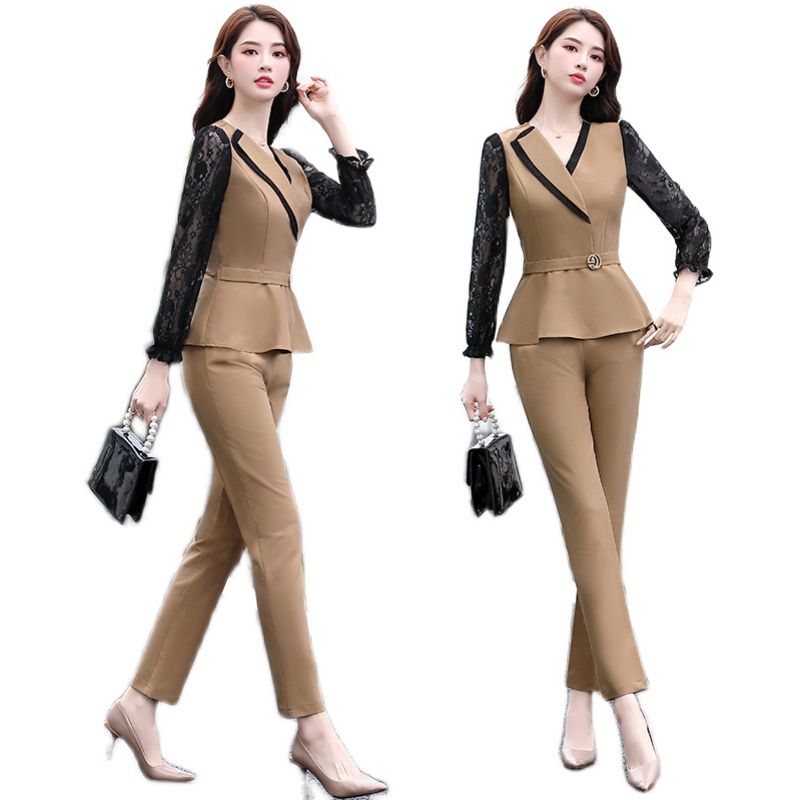 2020新款时尚套装女气质通勤修身显瘦韩版蕾丝拼接上衣裤子两件套细节图