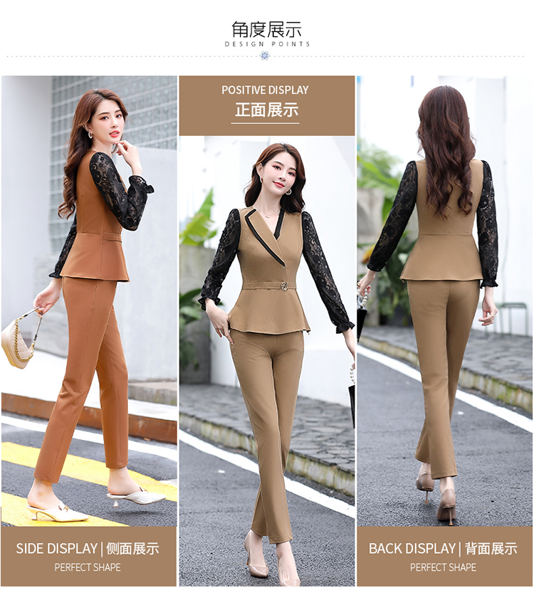 2020新款时尚套装女气质通勤修身显瘦韩版蕾丝拼接上衣裤子两件套详情图3