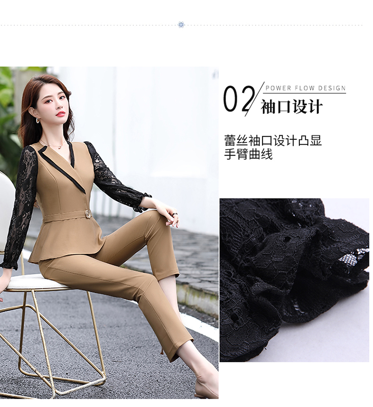 2020新款时尚套装女气质通勤修身显瘦韩版蕾丝拼接上衣裤子两件套详情图4