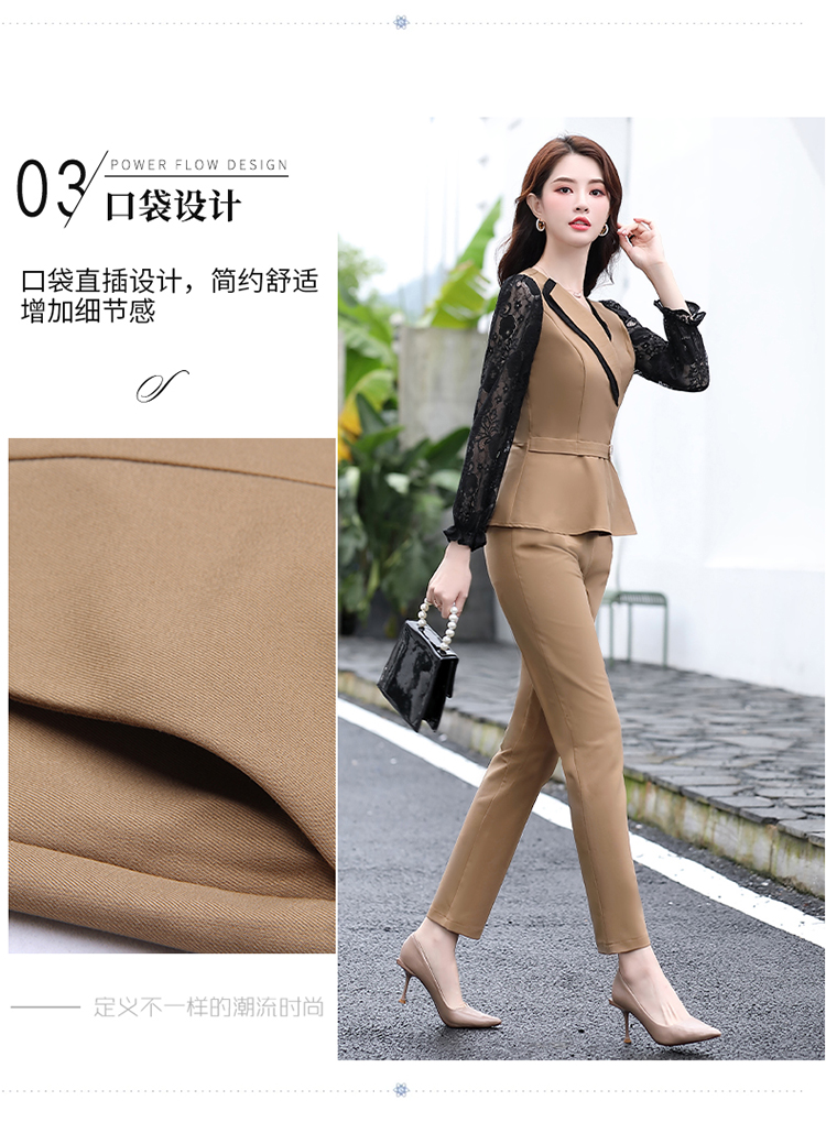 2020新款时尚套装女气质通勤修身显瘦韩版蕾丝拼接上衣裤子两件套详情图7