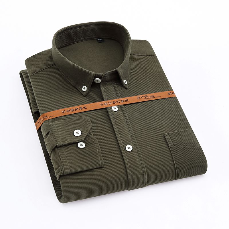 New solid-color business casual men's long-sleeved corduroy shirt, large-sized black, purple and blue in multiple colors Item Picture