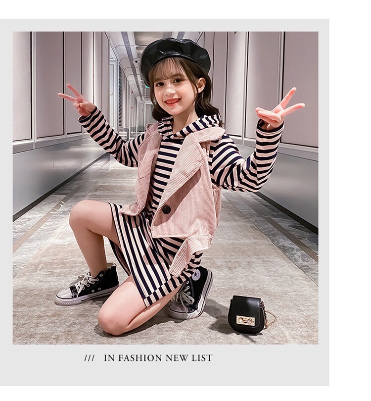 2020新款韩版秋装网红女孩长款条纹卫衣灯芯绒马甲两件套女童套装产品图