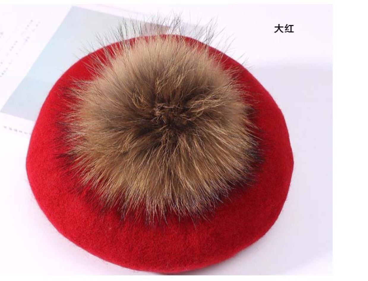 All-wool mink pom-poms fashionable beret New Year's style flat-brimmed fisherman's hat business outfit paired with a business hat detail image 9