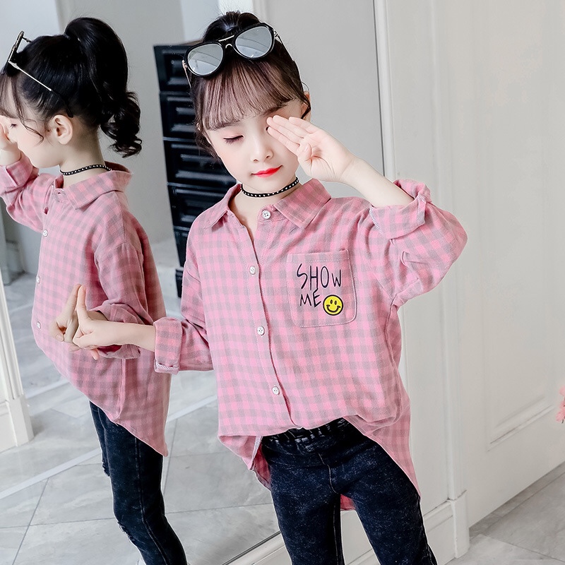 Girls' plaid children's Shirt 2020 Children's Spring Wear new cuhk Children's Loose smiley face shirt for children's hair
