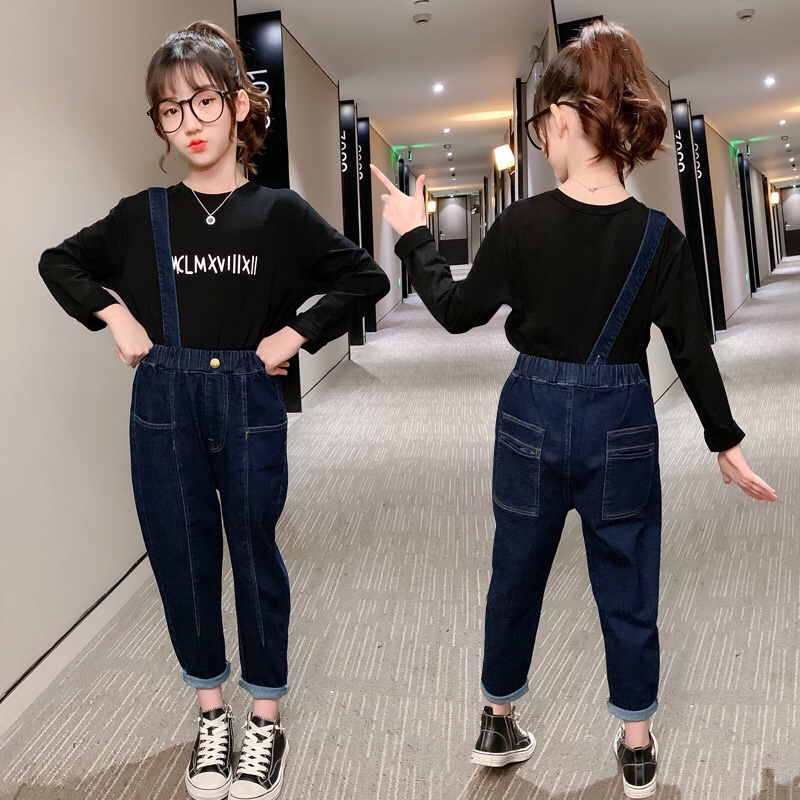 New autumn collection of children's clothing, girls' single-shoulder denim overalls, Korean-style children's solid color student pants, trendy 1 full figure