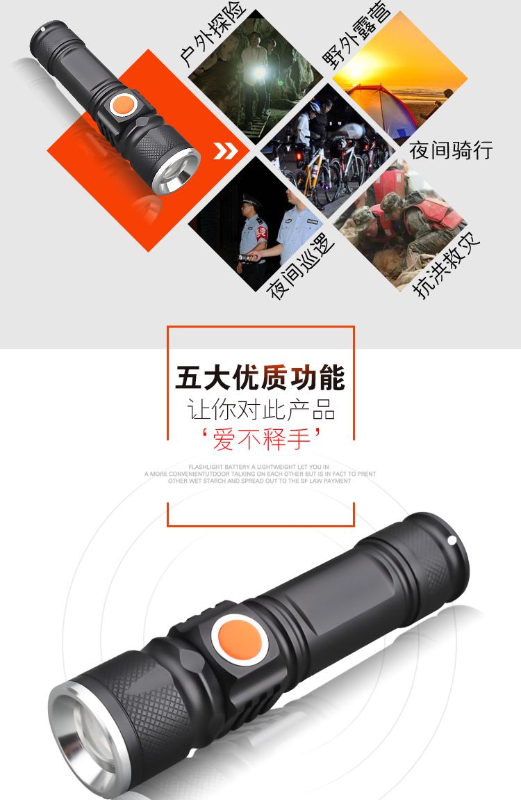 跨境新款led迷你强光手电筒USB充电 铝合金小手电T6变焦远射户外详情图5