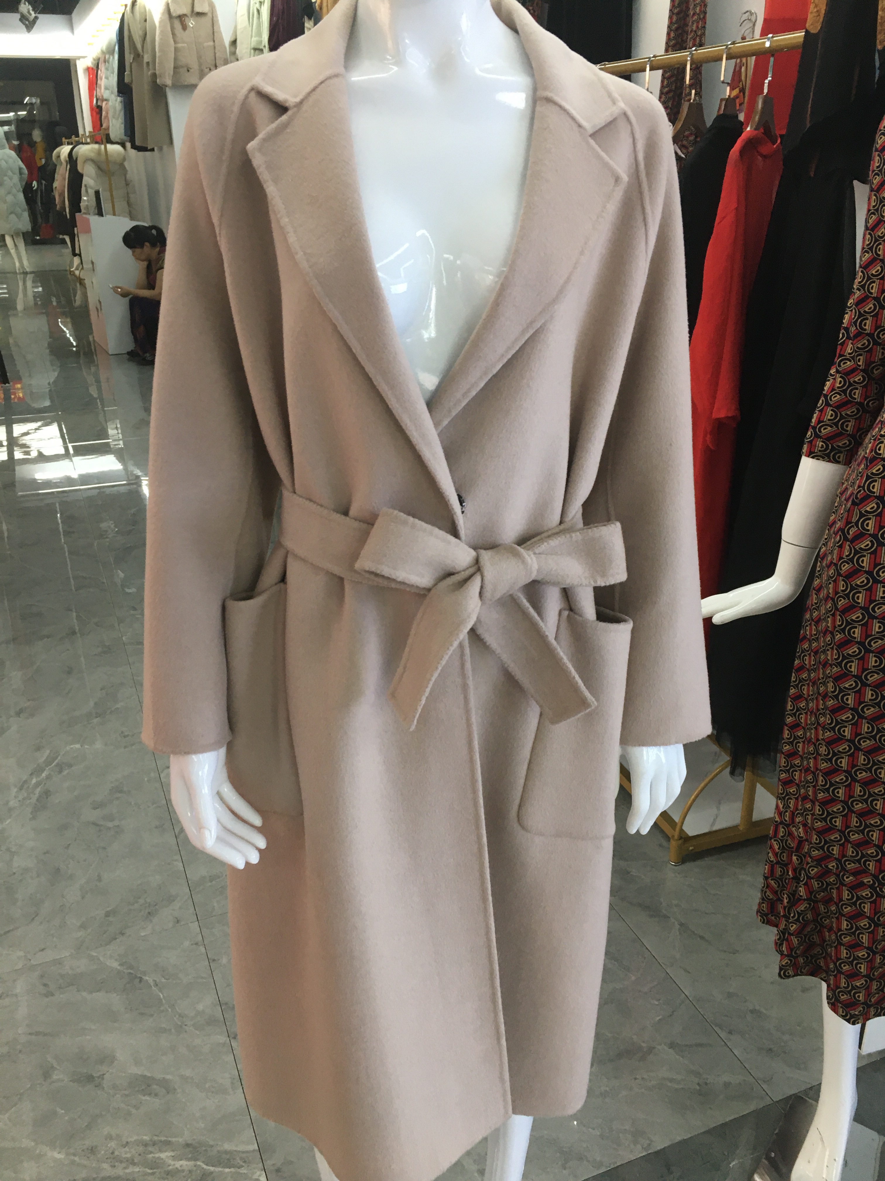 Double-sided cashmere coat belt fashion classic stable atmosphere noble beige durable details Picture
