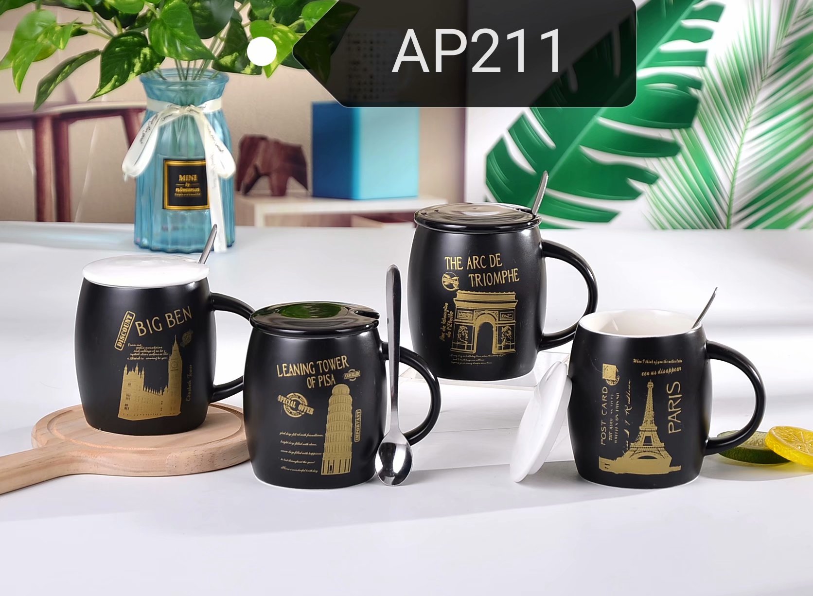 创意水杯带盖带勺陶瓷杯