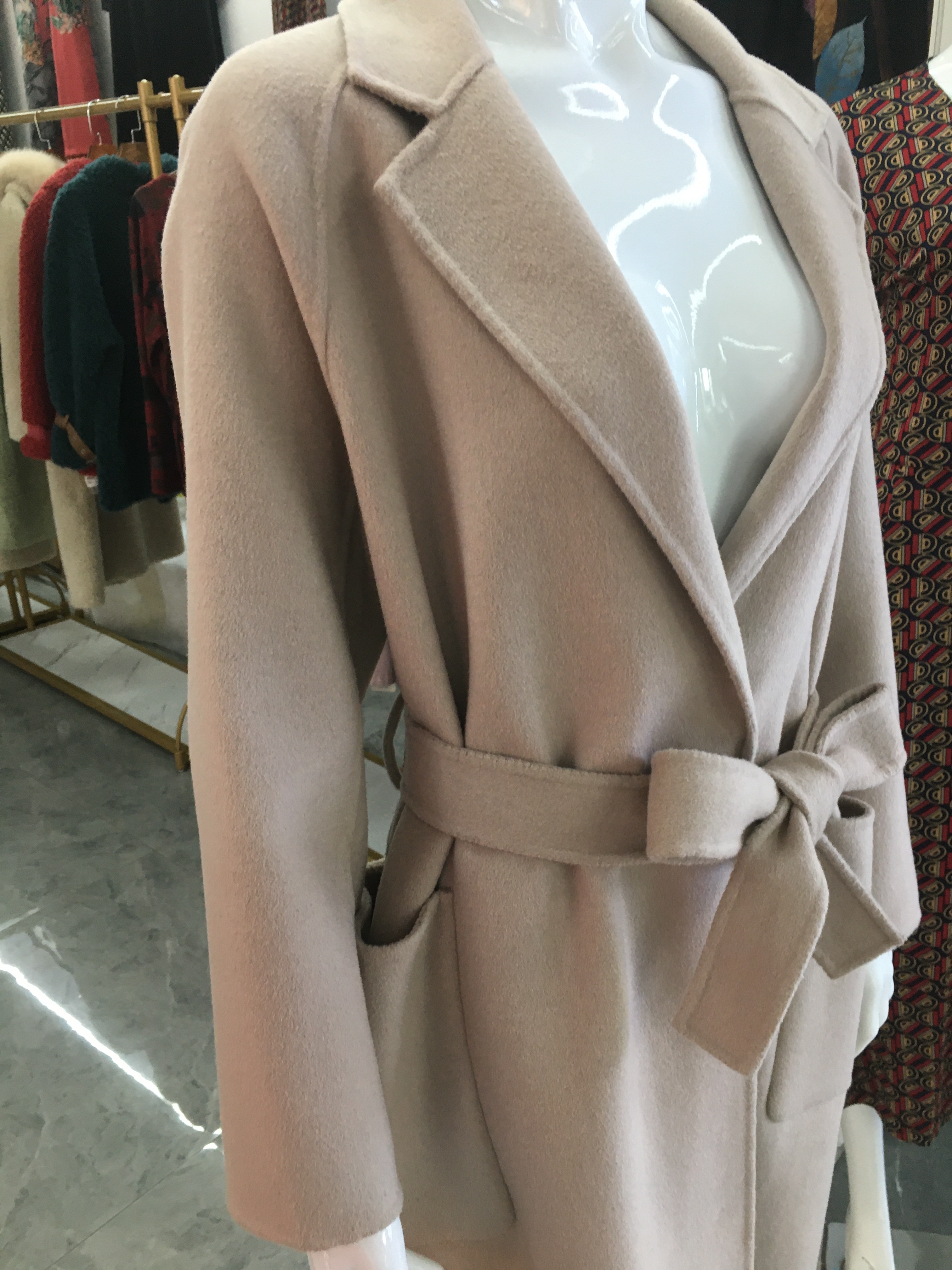 Double-sided cashmere coat belt fashion classic stable atmosphere noble beige durable Specification drawing