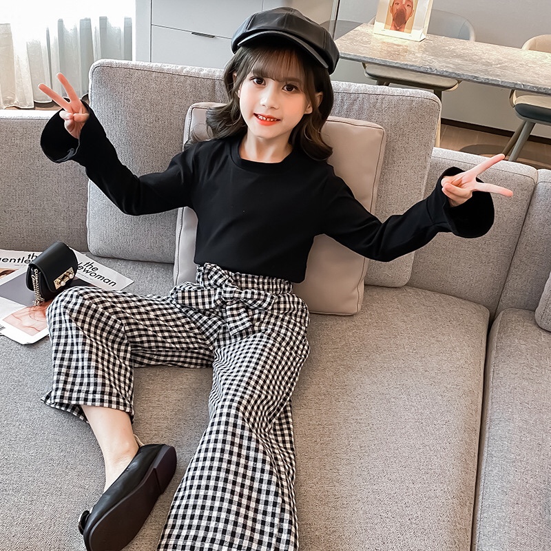 Girls' black plaid pants set for spring and Autumn 2024 New style trendy and stylish long pants, children's loose pants two-piece set Specification drawing