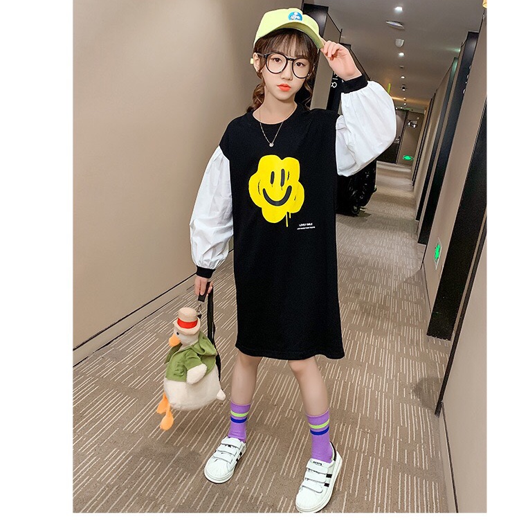 女童笑脸童裙2020童装秋装新款中大童中长款连衣裙潮儿童卫衣代发